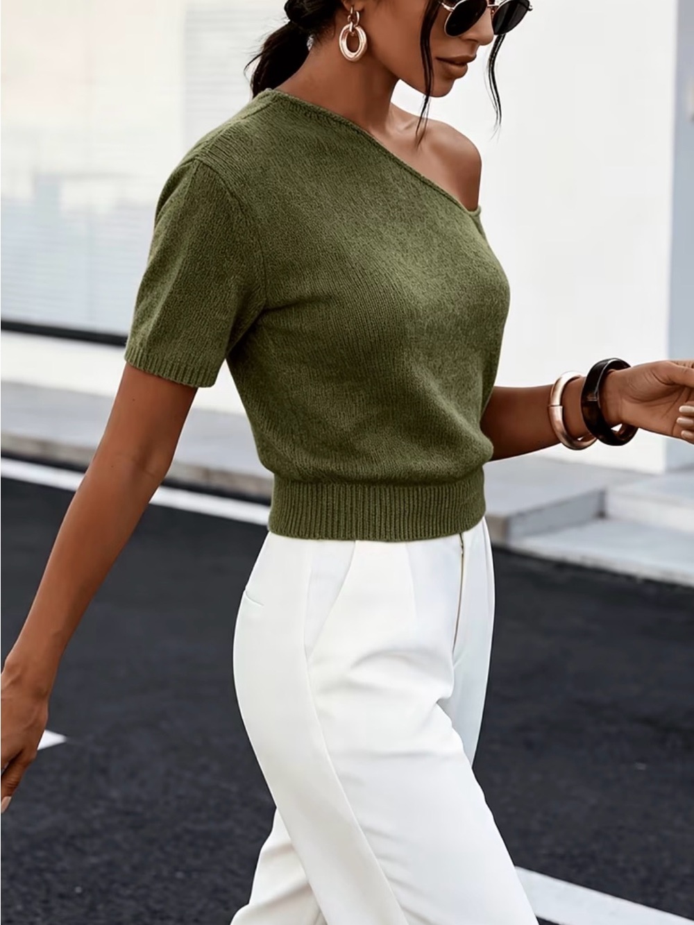 Amazon Essentials Olive Off-Shoulder Short Sleeve Sweater - Picture 3 of 6
